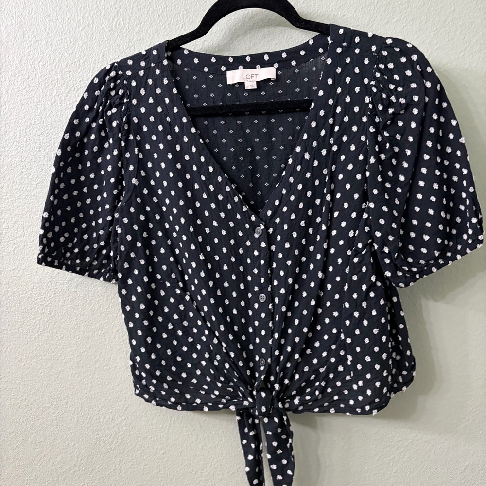 LOFT Black and White Polka Dot Tie-Front Blouse - Picture 2 of 4